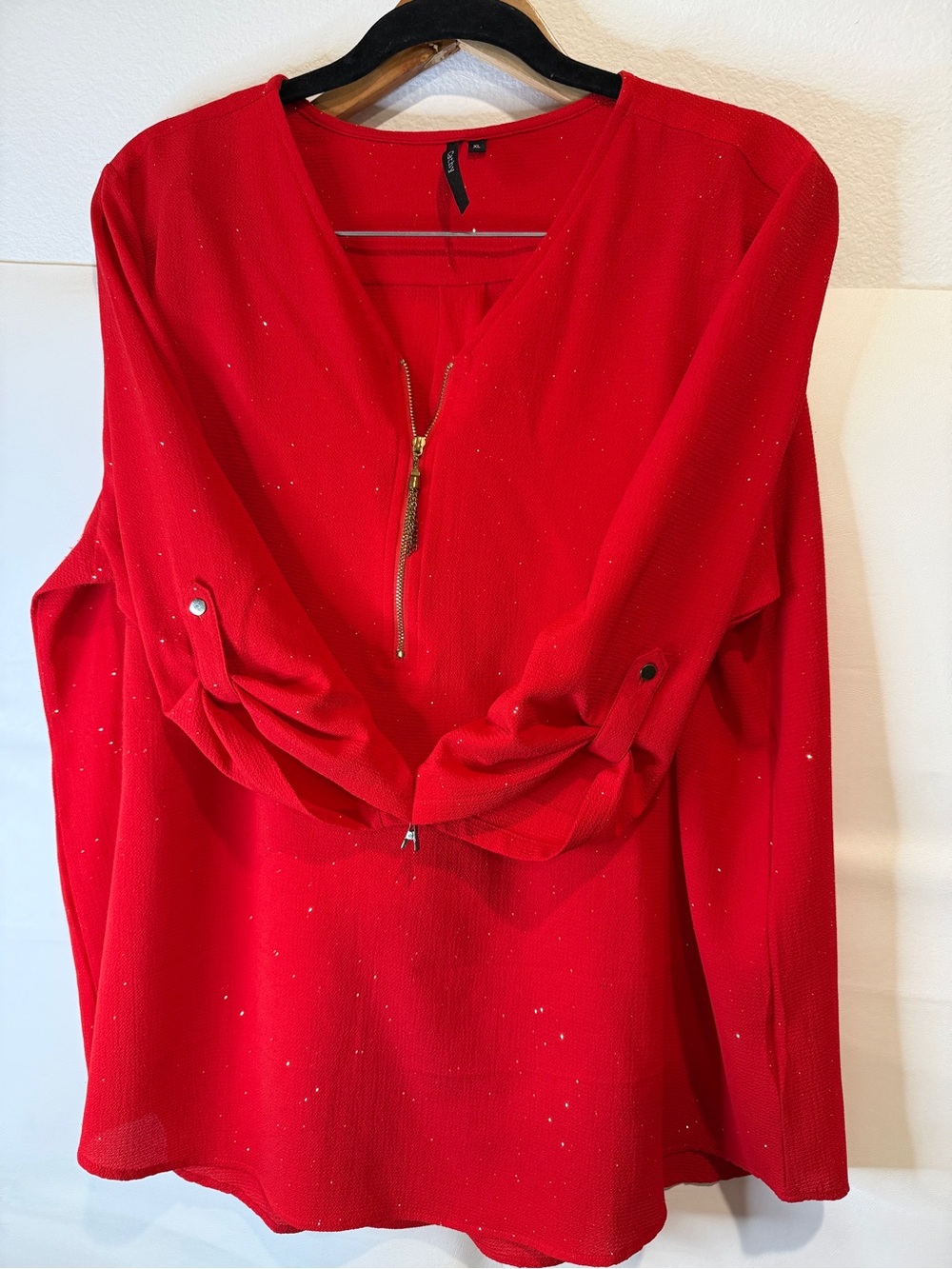 Cathy Elegant Red V-Neck Tunic with Gold Zip Detail and Glitter Shimmer